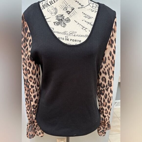 Inc International Concepts women’s black scoop neck top w/ sheer leopard size xl - Picture 1 of 3